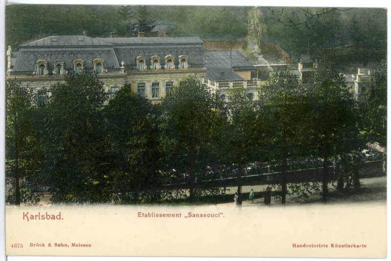 Pohlednice z roku 1903: Etablissement Sanssouci, dnes již zaniklé výletní místo nad Karlovými Vary.